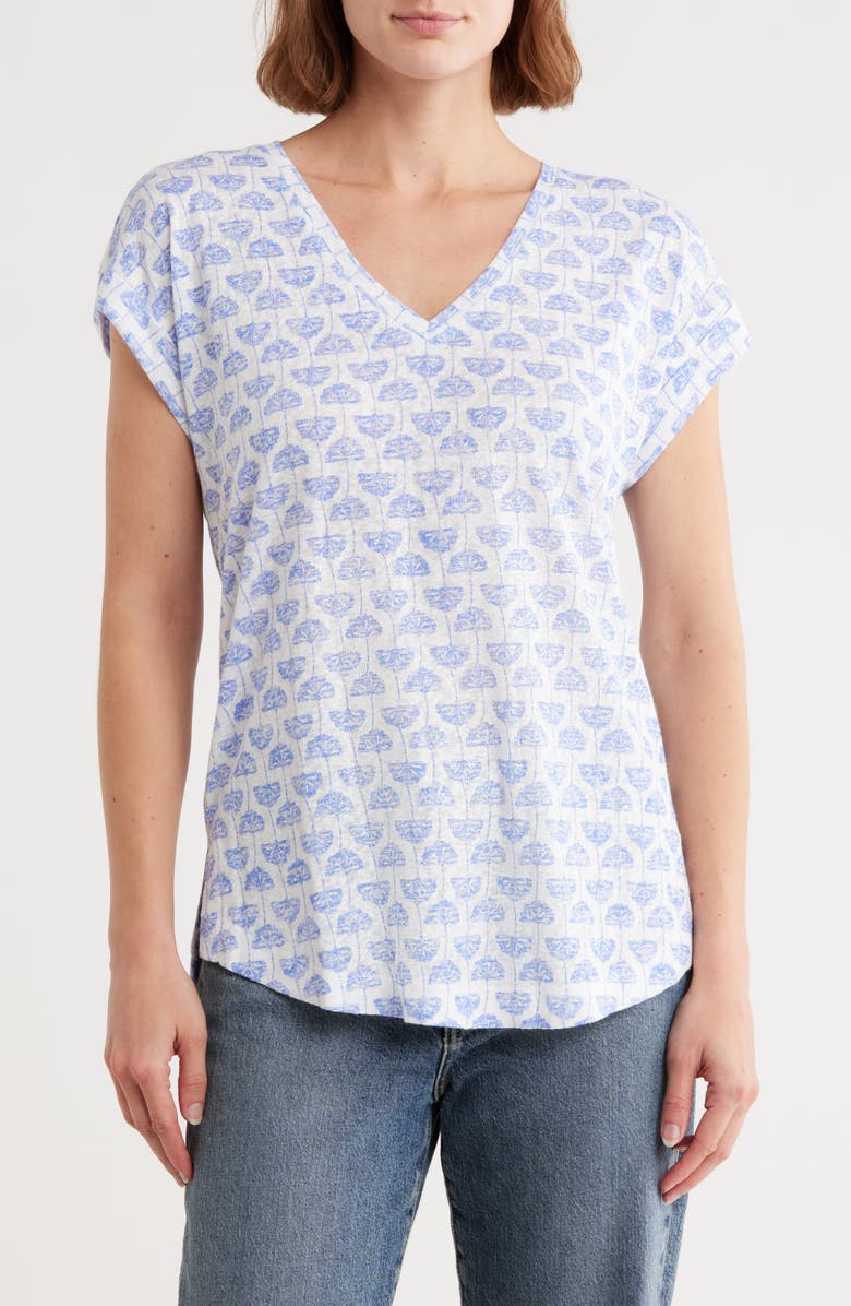 Bobeau V-Neck Pleated Back T-Shirt, Main, color, White/ Blue Gink0