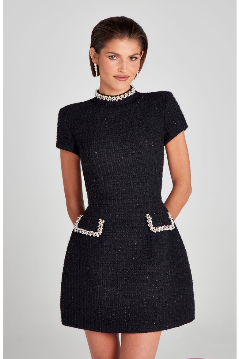 Simone Embellished Trim Shimmer Tweed Minidress, Alternate, color, BLACK