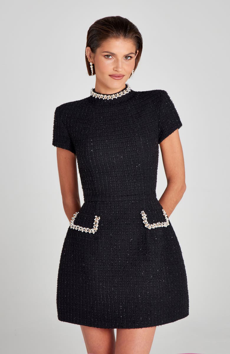 NADINE MERABI Simone Embellished Trim Shimmer Tweed Minidress, Alternate, color, Black