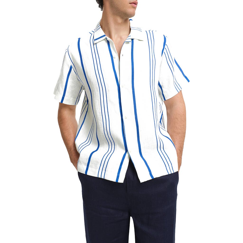 Peninsula Swimwear La Greca Linen Bowling Shirt In Blue