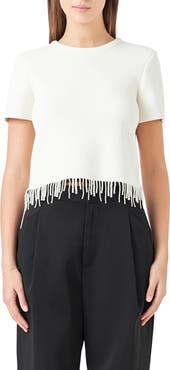 Endless Rose Imitation Pearl Hem Short Sleeve Sweater