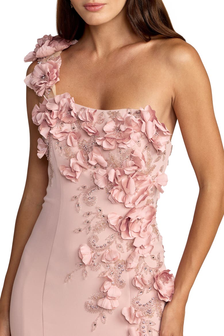 Crepe One Shoulder Floral Embellished Mermaid Evening Gown, Alternate, color, Mauve