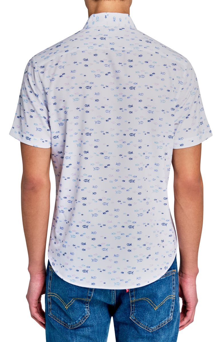 CONSTRUCT Fish Short Sleeve Woven Button Down Shirt, Alternate, color, White