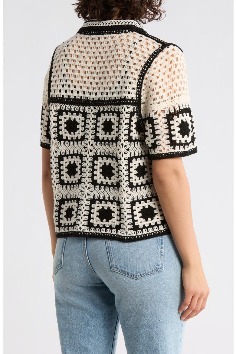 Open Knit Square Short Sleeve Cardigan, Alternate, color, NATURAL/ BLACK