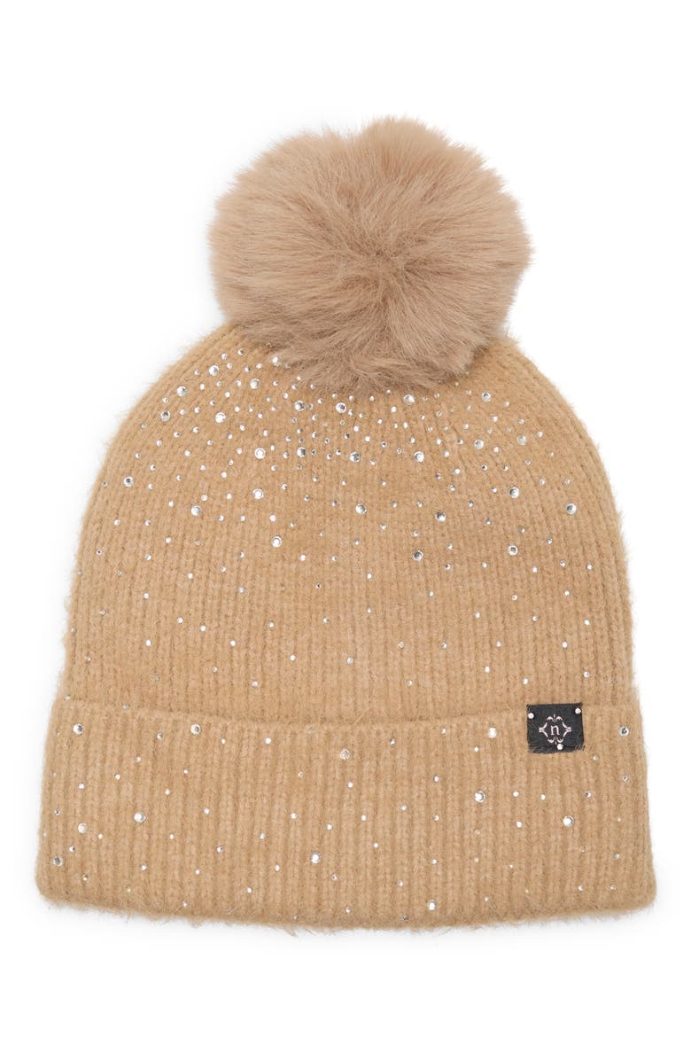 Studded Ribbed Pom Beanie, Main, color, TAUPE