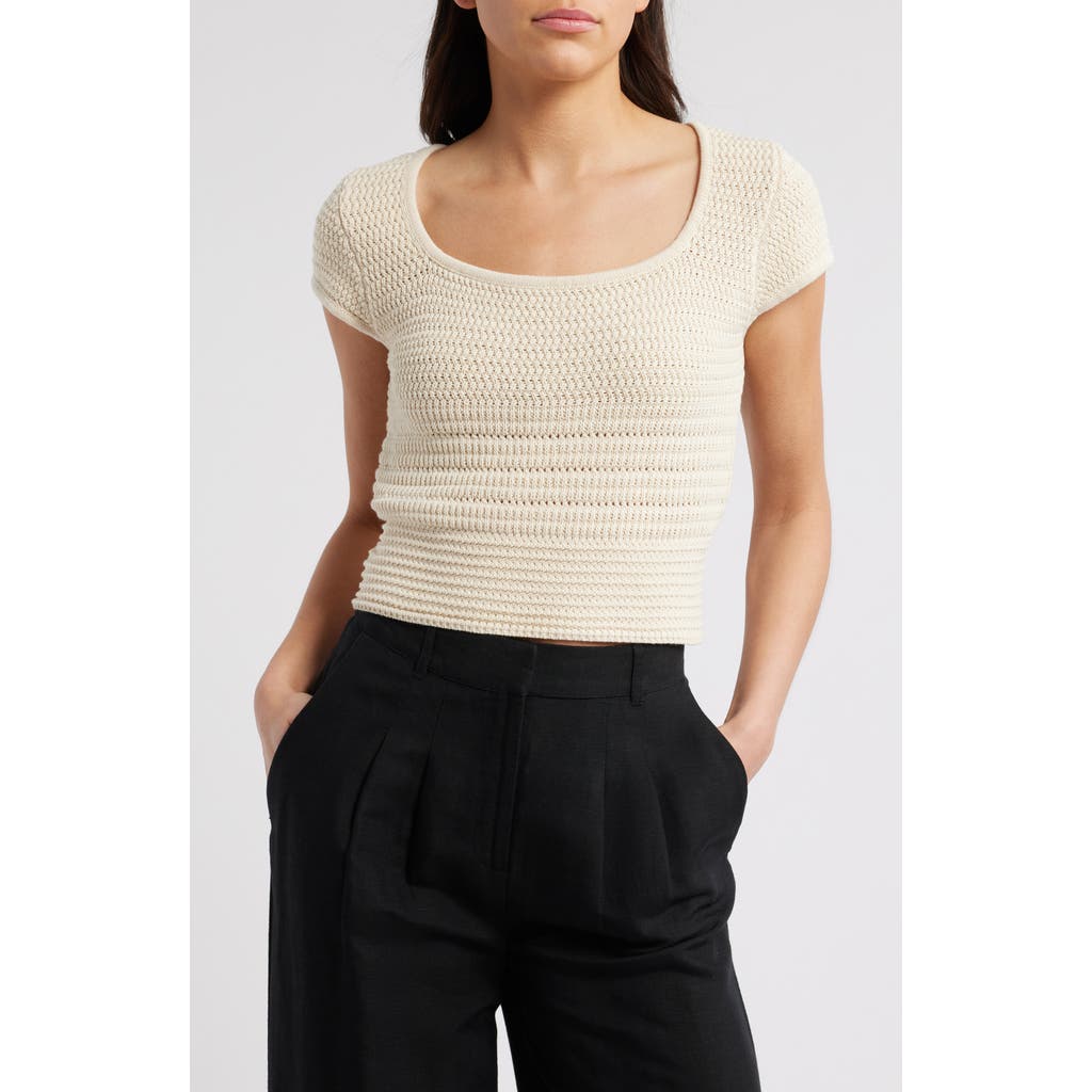 French Connection Nellis Open Stitch Short Sleeve Cotton Sweater In Ecru