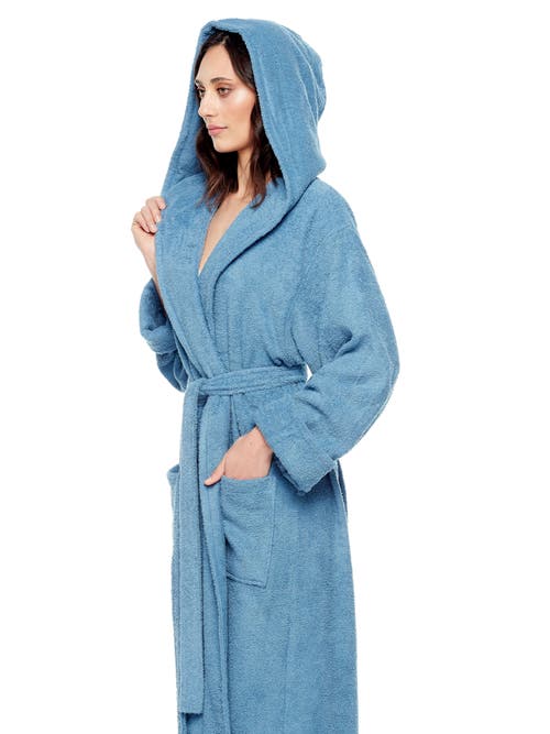 Arus Womens Gots Certified Oganic Cotton Long Hooded Robe In Blue