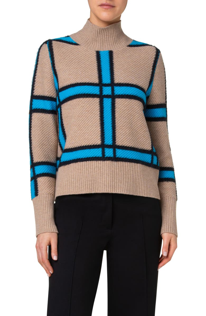 Akris punto Windowpane Check Mock Neck Sweater, Main, color, 