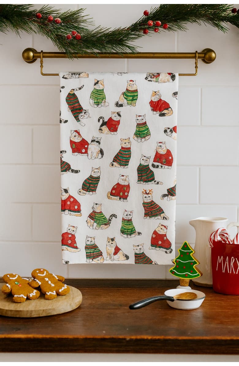 C&F Home Cats in Christmas Holiday Sweaters Pattern Printed 100% Cotton Dishtowel, Alternate, color, White