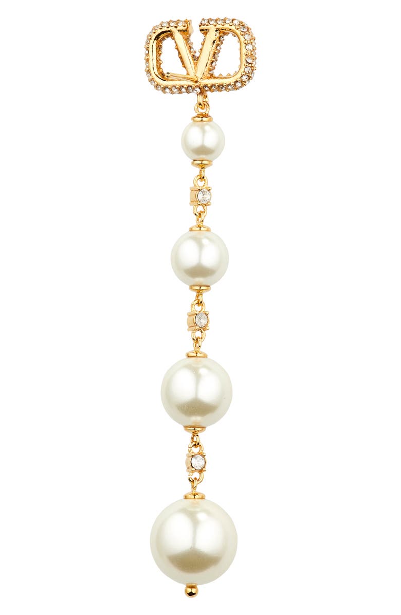 Valentino Garavani VLOGO Imitation Pearl Linear Drop Earrings, Alternate, color, Oro 18/ Cream/ Crystal Silver