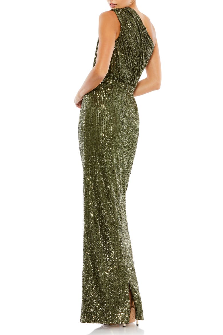 Petite One Shoulder Ruched Sequin Evening Gown, Alternate, color, Olive