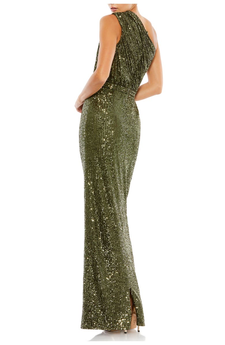 Mac Duggal Petite One Shoulder Ruched Sequin Evening Gown, Alternate, color, Olive