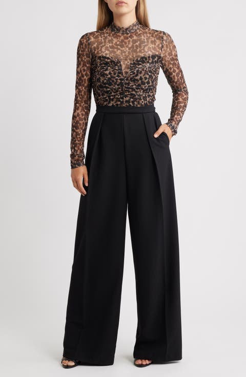 Leonarda Sheer Mesh Bodice Crepe Back Satin Wide Leg Jumpsuit