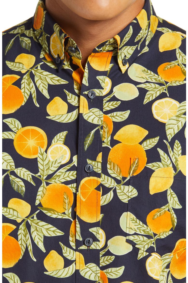 Slim Fit Citrus Print Short Sleeve Button-Down Shirt, Alternate, color, NAVY ORANGE CITRUS LEAVES
