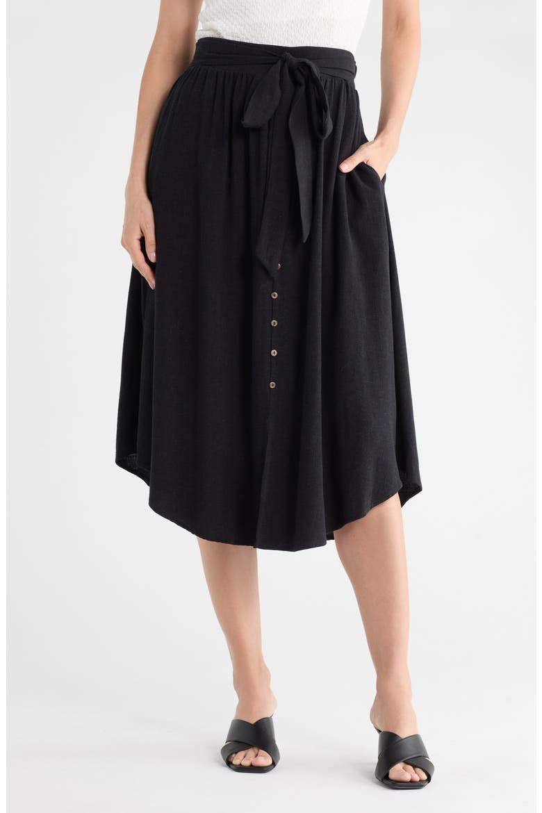 Tie Waist Midi Skirt, Main, color, BLACK