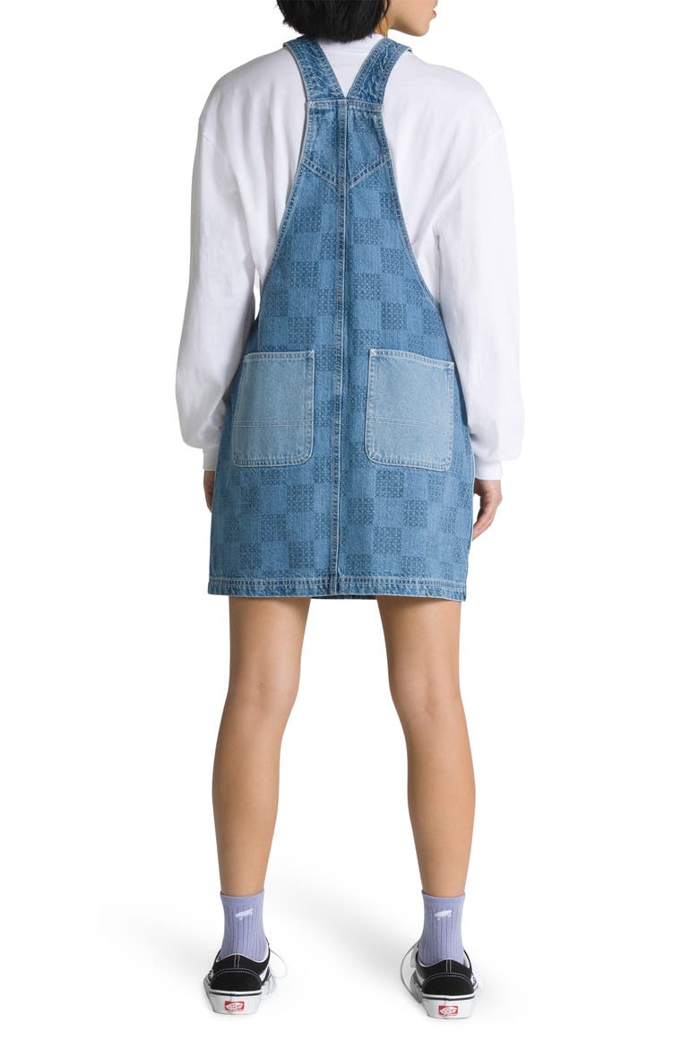 Mended Check Denim Pinafore Dress, Alternate, color, STONE WASH MENDED CHECK DENIM