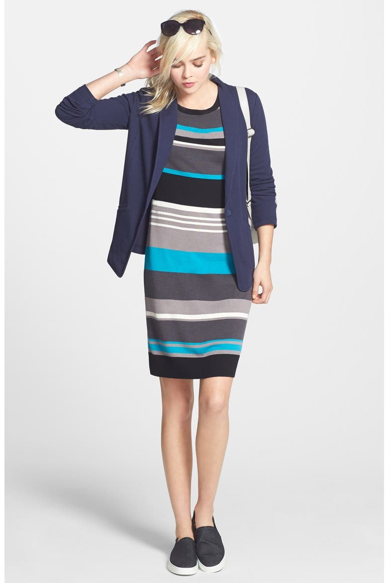 Three-Quarter Sleeve Sweater Dress, Alternate, color, BLACK- TEAL STRIPE