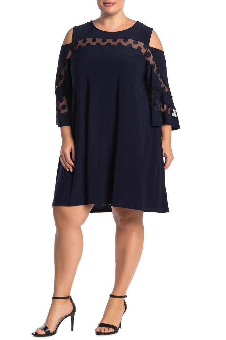 Jewel Neck Cold Shoulder Three-Quarter Sleeve Dress, Main, color, NAVY