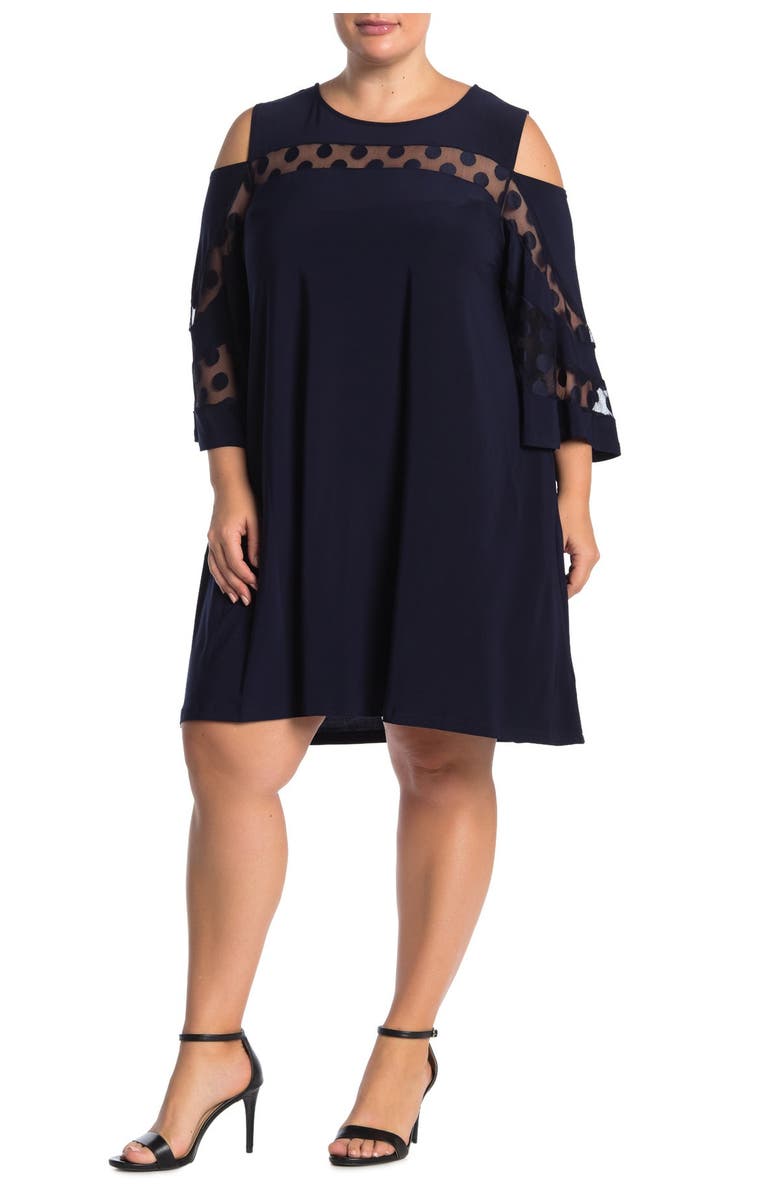 Nina Leonard Jewel Neck Cold Shoulder Three-Quarter Sleeve Dress, Main, color, Navy