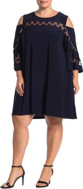 Nina Leonard Jewel Neck Cold Shoulder Three-Quarter Sleeve Dress