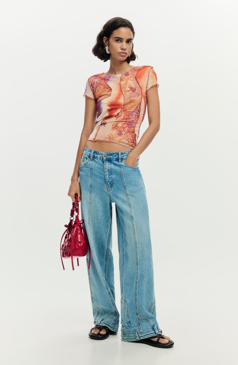 Desigual Print Mesh Crop Top, Alternate, color, Orange Multi