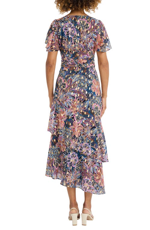 Maggy London Metallic Floral Tiered Ruffle Asymmetric Dress