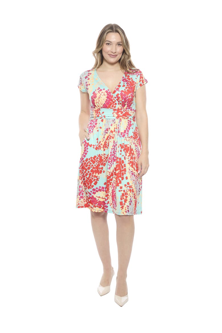 Womens Essential V-Neck Cap Sleeve Knee Length A-Line Pocket Dress, Main, color, Blue Multi