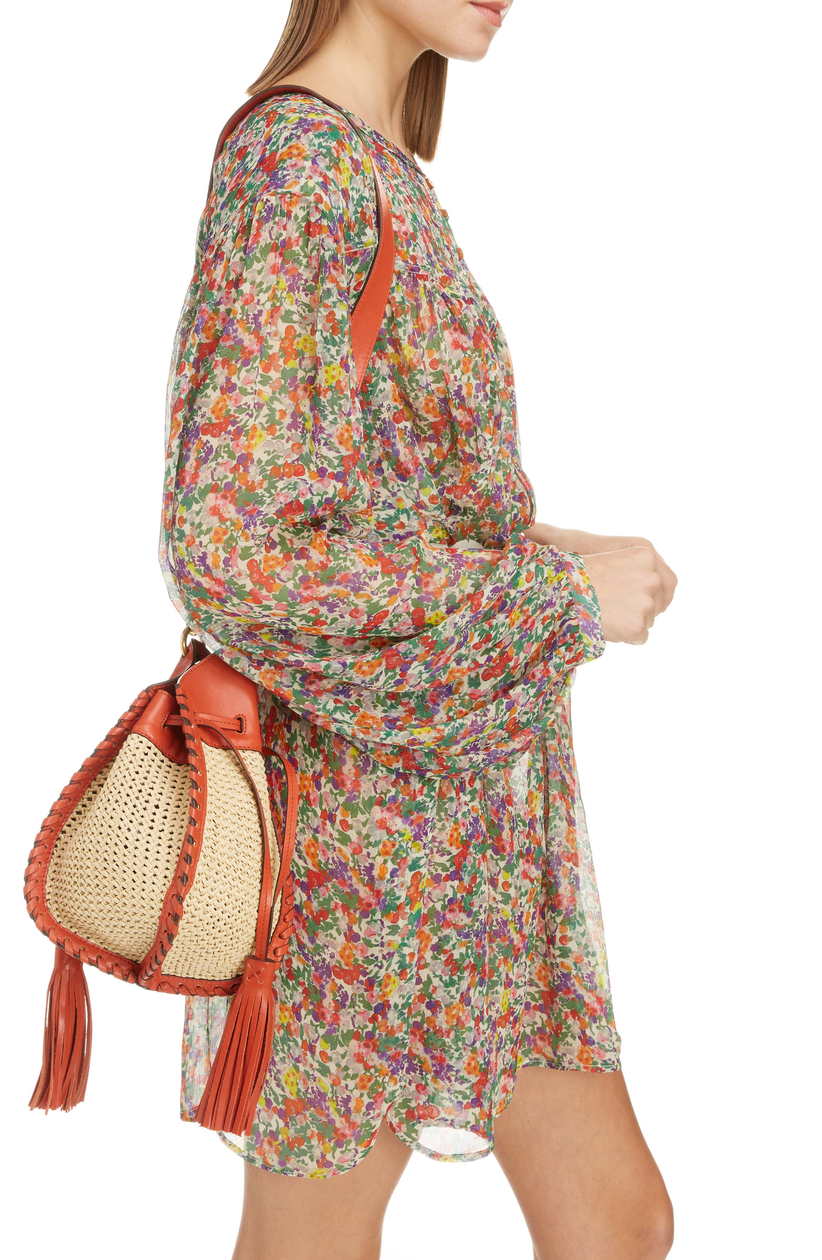 Isabel Marant Radja Tassel Woven Raffia & Leather Bucket Bag, Alternate, color, 