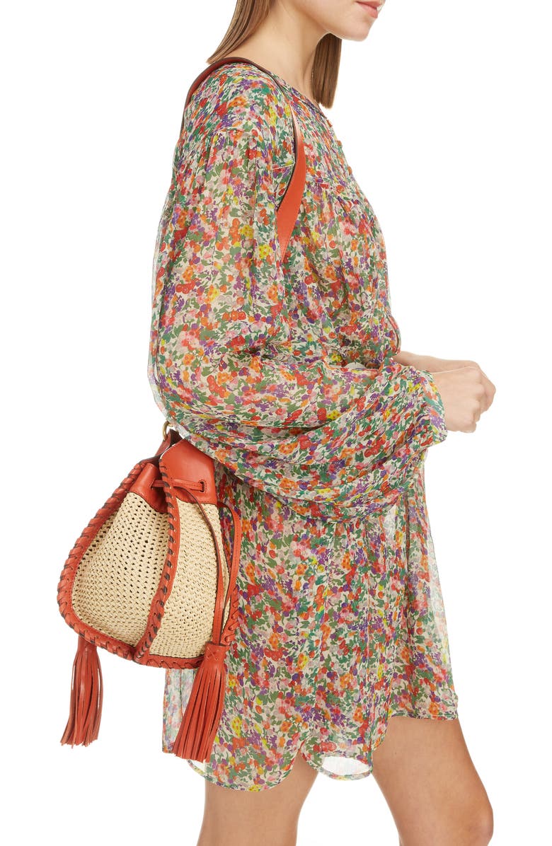 Isabel Marant Radja Tassel Woven Raffia & Leather Bucket Bag, Alternate, color,