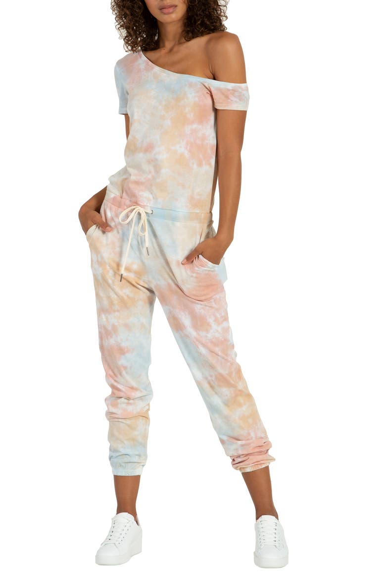 Queenie Off the Shoulder Tie Dye Jumpsuit, Main, color, SUN BLOOM TIE DYE
