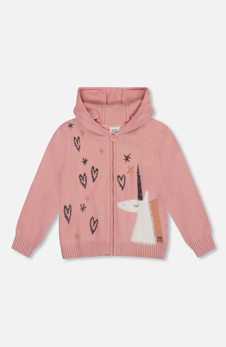Deux par Deux Hooded Knit Cardigan with Unicorn Intarsia, Main, color,