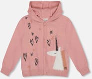 Deux par Deux Hooded Knit Cardigan with Unicorn Intarsia