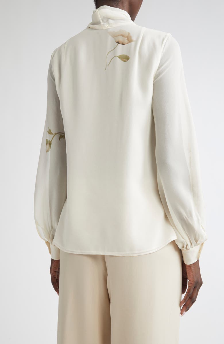 Akris Anemone Print Silk Georgette Tie Neck Shirt, Alternate, color, Greige-Ecru