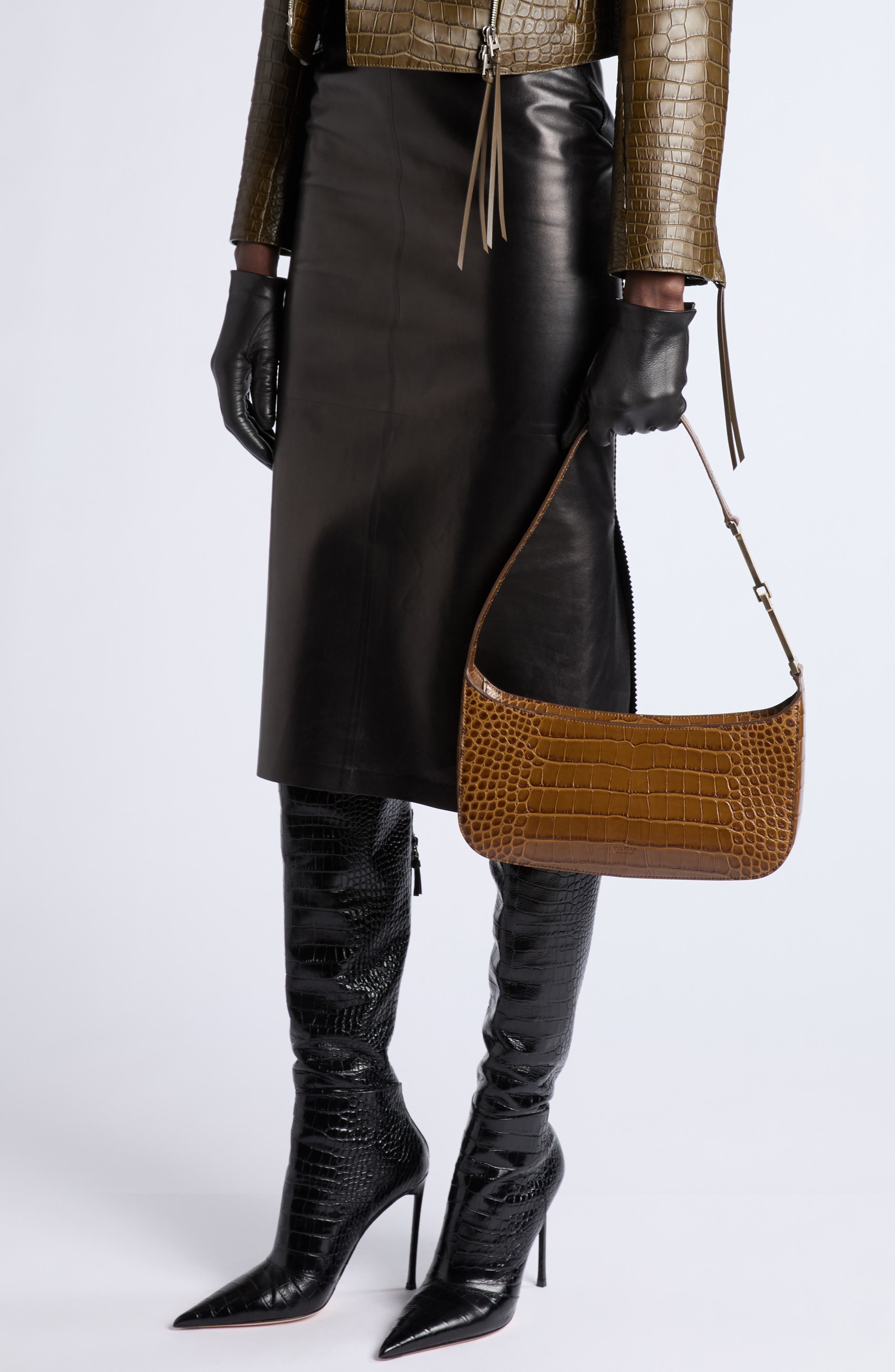 Small Arc Croc Embossed Leather Shoulder Bag, Alternate, color, CINNAMON