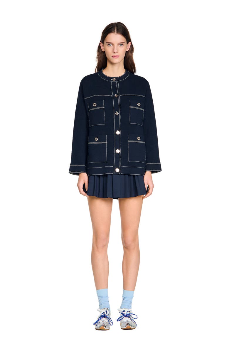 SANDRO Contrast stitch cardigan, Alternate, color, Navy Blue
