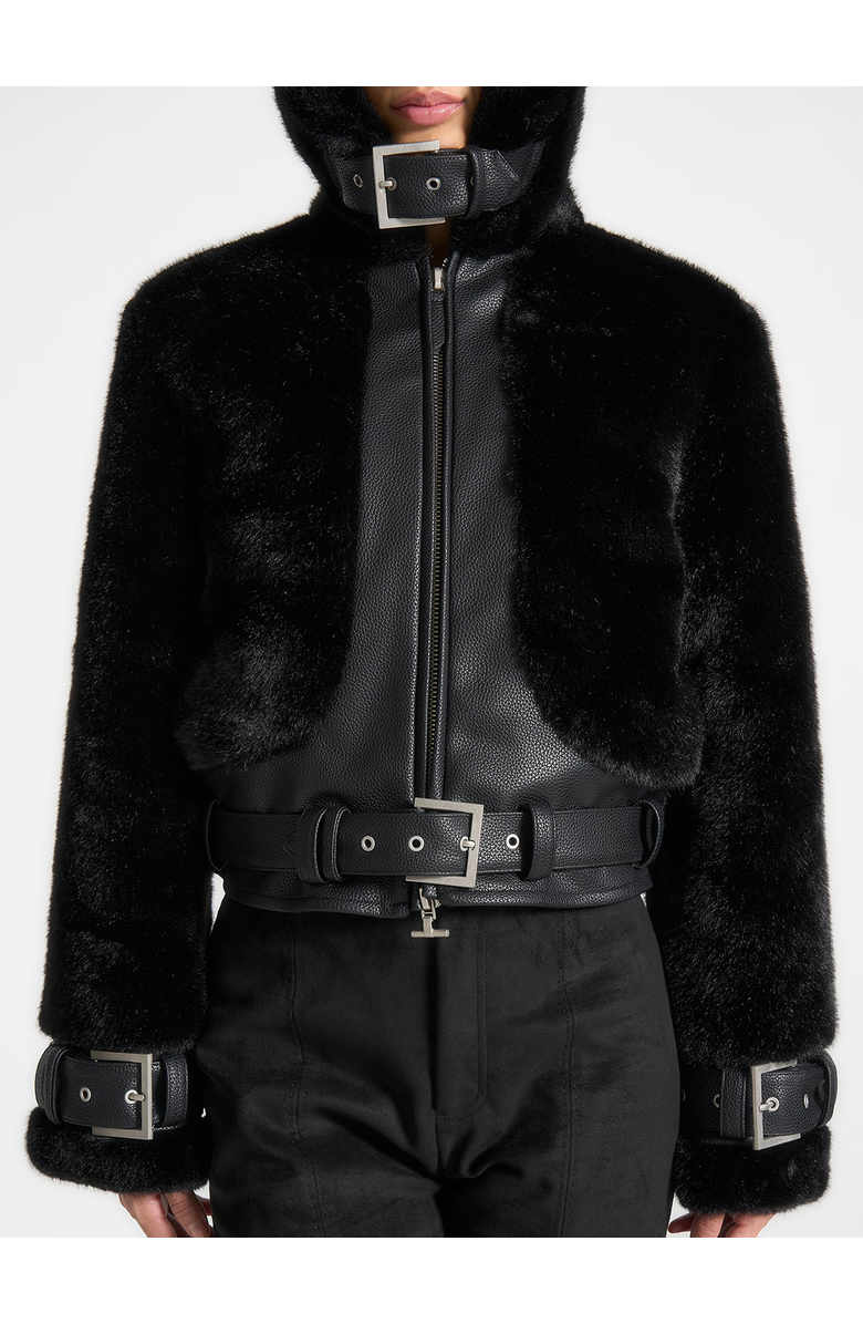 Manière De Voir Deya Plush & Leather Leather Belted Jacket, Alternate, color, Black