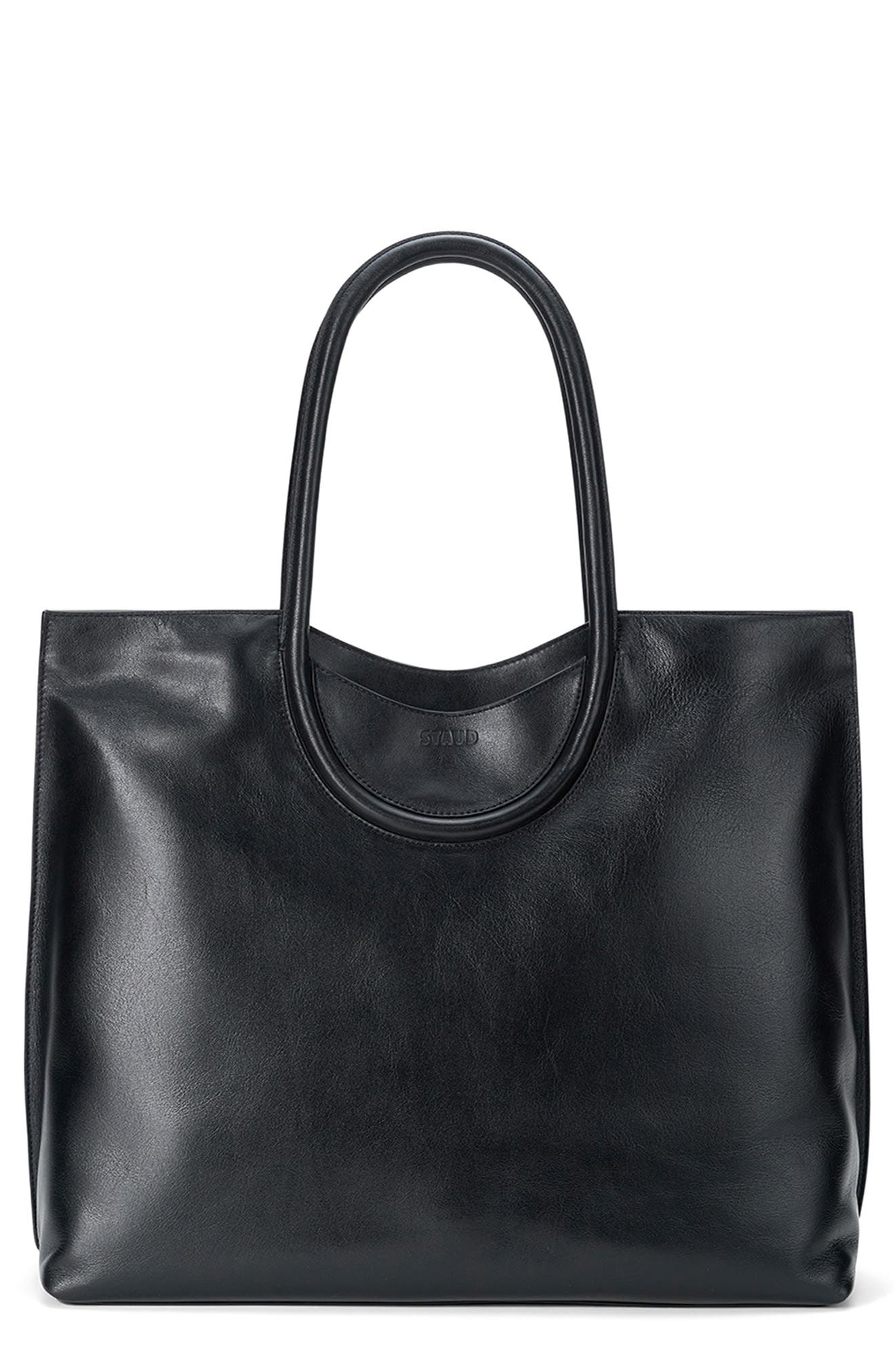 Maude North-South Leather Tote, Main, color, BLACK