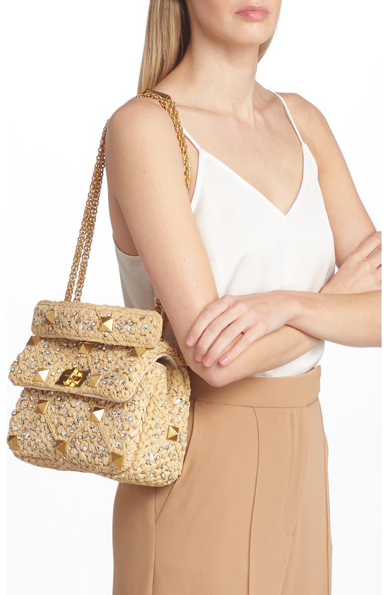 Valentino Garavani Roman Stud Raffia Shoulder Bag, Alternate, color,