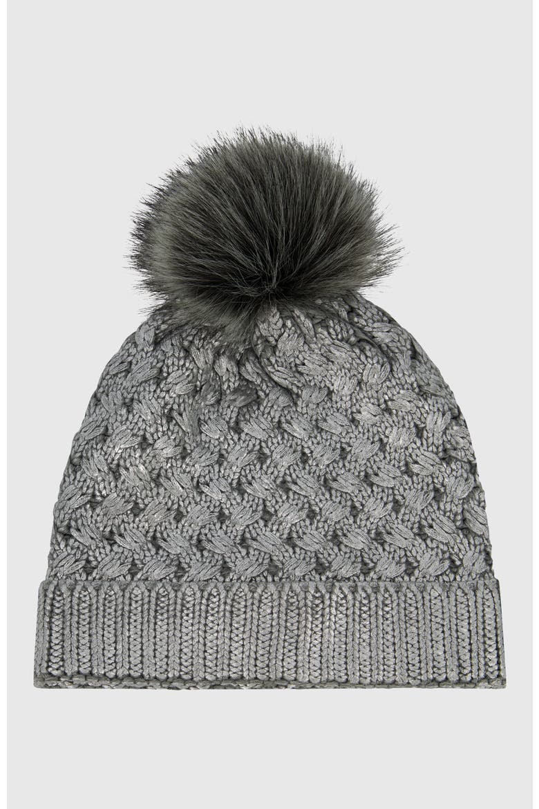 Beanie With Fur-Free Fox (Faux Fur) Pompom, Alternate, color, SILVER METALLIC/GRAY