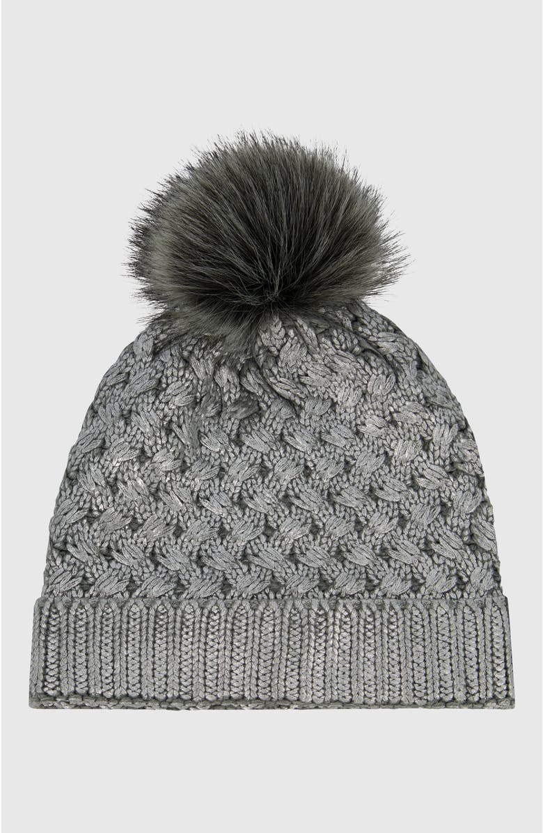 Lyla Grant Beanie With Fur-Free Fox (Faux Fur) Pompom, Alternate, color, Silver Metallic/Gray