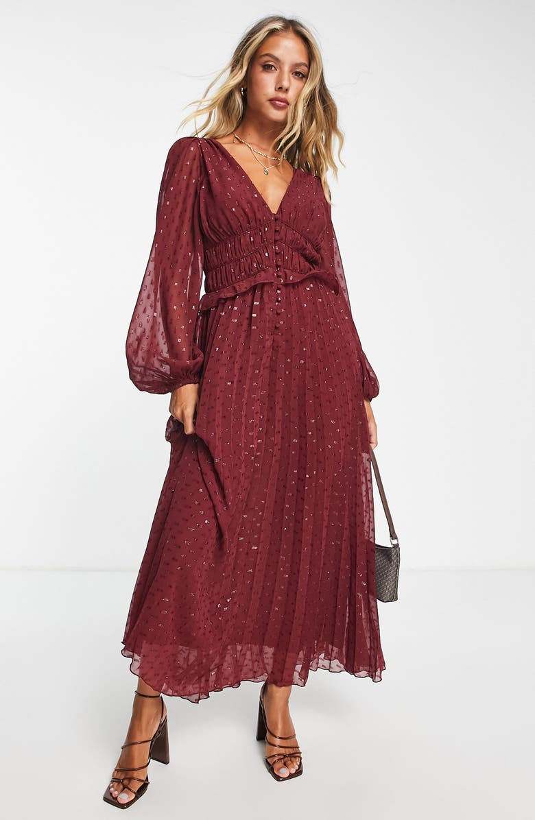 ASOS DESIGN Pleated Long Sleeve Clip Dot Chiffon Dress, Main, color,
