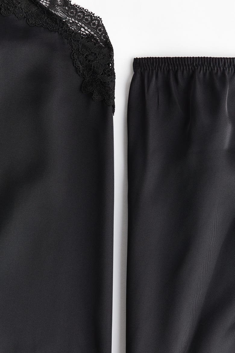 Lace-trimmed Satin Pyjamas, Alternate, color, Black