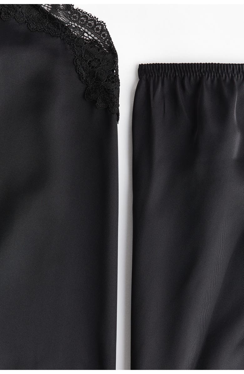 H&M Lace-trimmed Satin Pyjamas, Alternate, color, Black