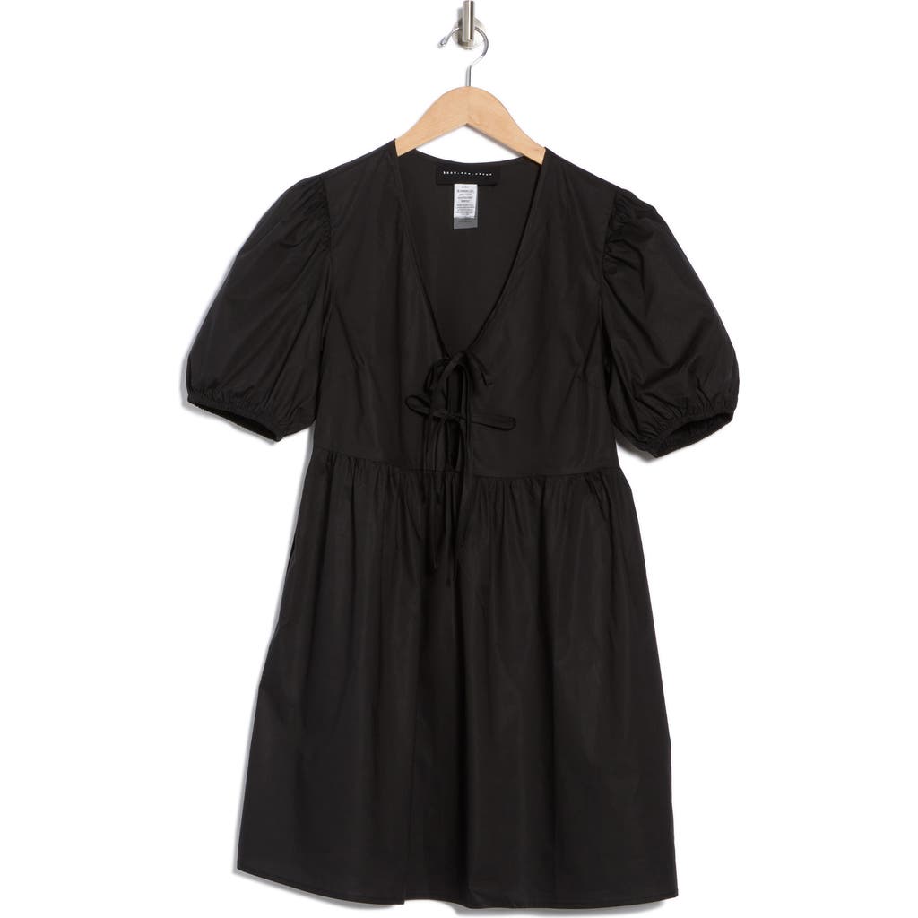 Know One Cares Tie Front Puff Sleeve Poplin Minidress In Black