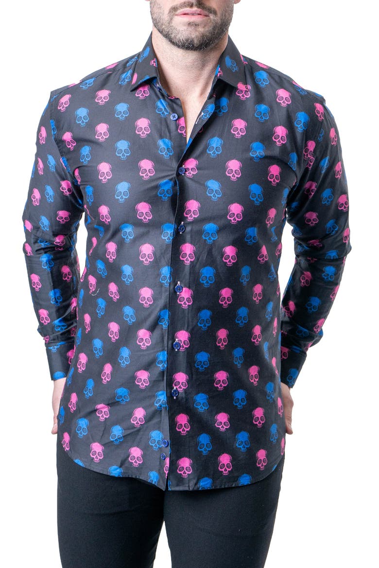 Fibonacci Skull Print Contemporary Fit Button-Up Shirt, Alternate, color, BLACK