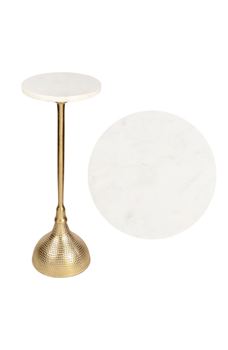 JONATHAN Y Ava 23.75" Art Deco Contemporary Metal Pedestal Drink Table and Decorative End Table with White Marble Round Top and Hammered Base, Main, color, Gold