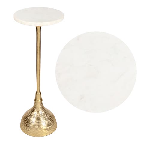Ava 23.75" Art Deco Contemporary Metal Pedestal Drink Table and Decorative End Table with White Marble Round Top and Hammered Base