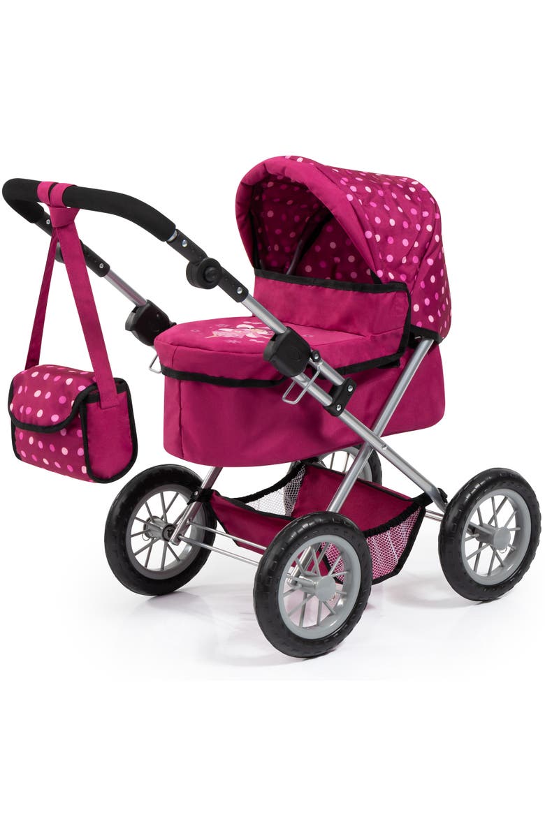 Bayer Dolls Pram Trendy with Shoulder Bag and Underneath Shopping Basket, Bordeaux, Red with Pattern, Main, color, Pink