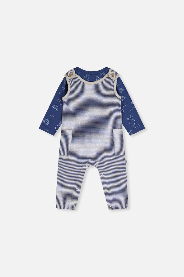Boy Organic Cotton Romper and Striped Overall Set, Main, color, Blue Printed Transport