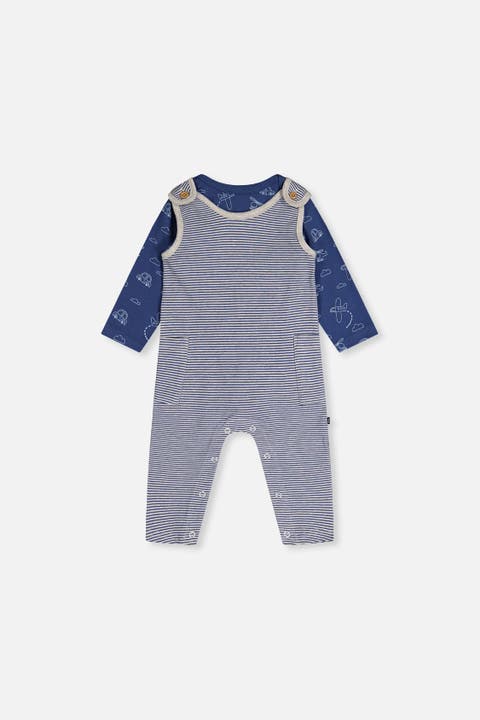 Boy Organic Cotton Romper and Striped Overall Set